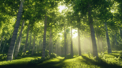 Vibrant Summer Forest with Straight, Tall Trees Illuminated by Bright Sun, Open Space Under Trees Ideal for Adding Custom Content