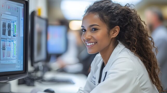 Smiling medical professional analyzing data on a computer in a busy healthcare environment