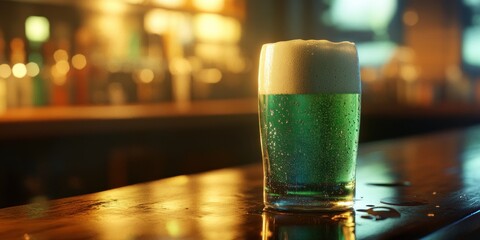 Green beer froth in closeup shot on pub table