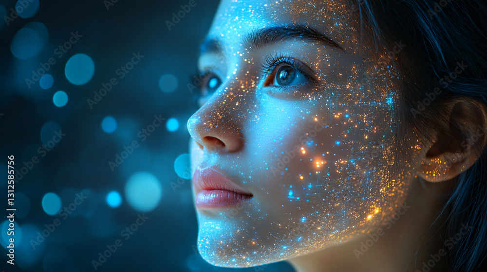 Poster woman with a glowing face illuminated by advanced technology and ai innovations in a modern procurem