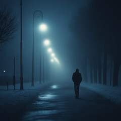 Solitary Figure Walking Snowy Night Foggy Street Lamplight
