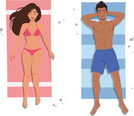 Two individuals relaxing on colorful beach towels under the sun in a flat, minimal vector illustration