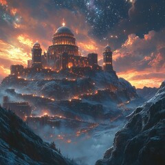 Obraz premium Majestic mountaintop castle ablaze sunset sky