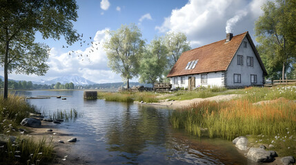 Obraz premium Rustic Lakeside House in Sunny Mountain Landscape