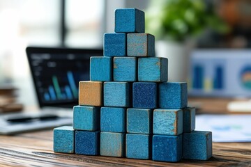 Blue wooden blocks pyramid, business growth concept