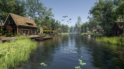 Fototapeta premium Rustic Village Canal Scene with Wooden Houses and Lush Greenery