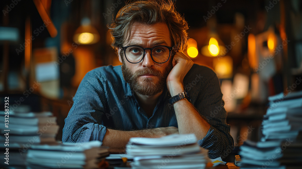 Aufkleber burned-out professional with glasses sitting at a table surrounded by stacks of paper and office sup