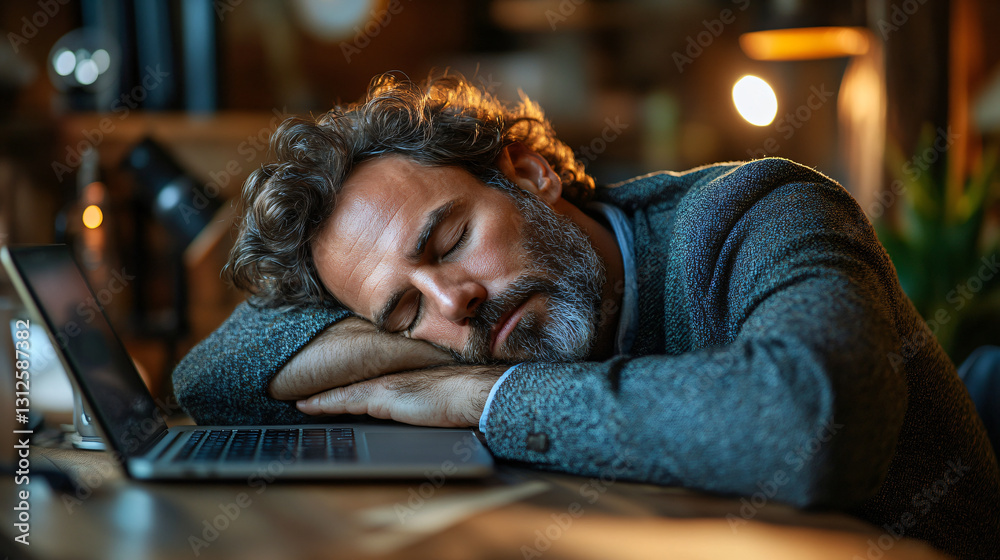 Poster businessman sleeping on laptop with his head resting on an open device while sitting at his desk in 