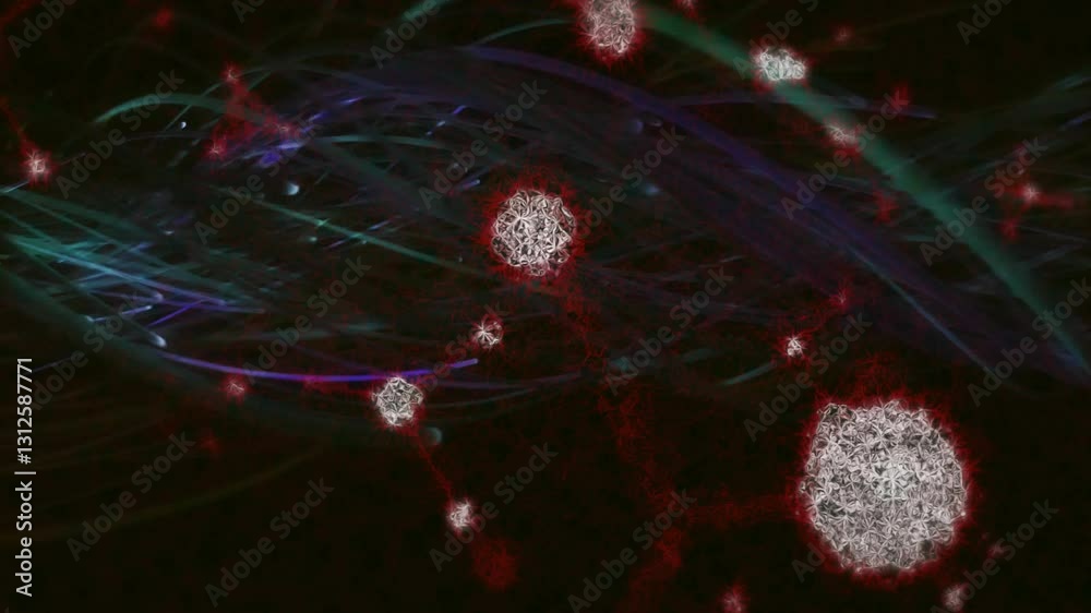 Poster animation of abstract digital particles and lines forming network on dark background