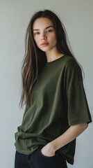 Stylish Teen Girl Posing in Olive Green TShirt and Jeans