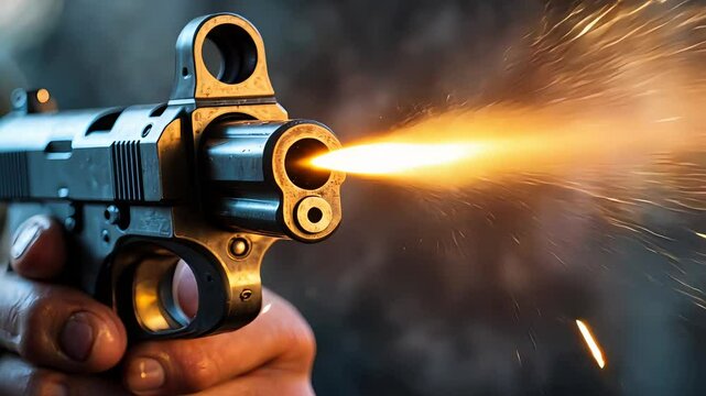 Hand firing a pistol with a dramatic muzzle flash and glowing sparks flying in a dynamic shot
