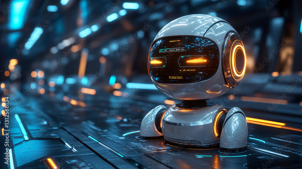 Poster advanced chatbot robot engaged with laptop showcasing future innovations in customer service and dig
