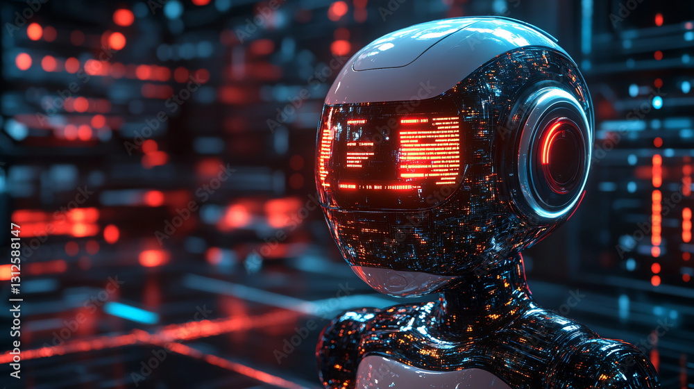 Poster futuristic chatbot robot with red light on face emphasizing advanced technology in customer service 