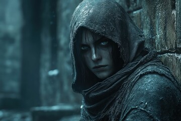 Mysterious hooded woman urban setting intense gaze