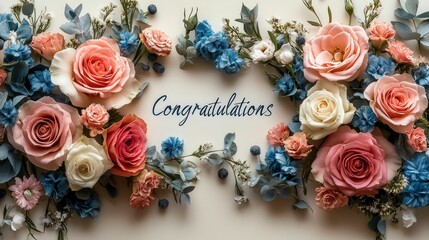 Floral congratulations message, pastel roses, blue accents.