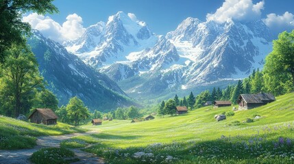 Obraz premium Idyllic alpine village nestled amongst vibrant meadows