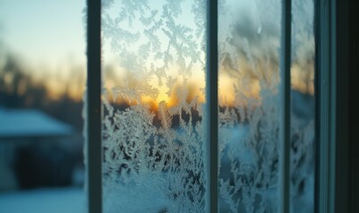 Close-Up of Frost Patterns on a Windowpane During Winter Morning