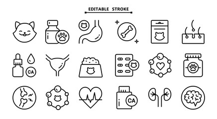 Pets vitamins icons set. Editable stroke. Different types of cats medicine, vitamins and supplements. Simple vector icons for ui and ux, website or mobile application.