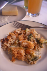 Top view of chicken broccoli rice casserole.