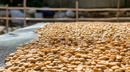 Obraz premium Sun-dried coffee beans spread out on a drying mat in a rural farm setting, with blurred background activity
