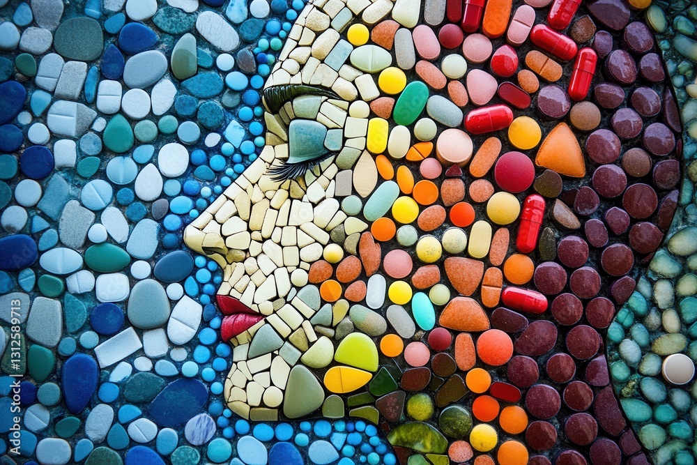 Poster intricate mosaic of colorful pills forms a human silhouette in artistic arrangement embracing the go