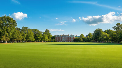 Obraz premium Well-Kept University Campus Sports Field with Beautifully Manicured Green Lawn, Ideal for Athletic Events, Empty Space for Adding Text or Images