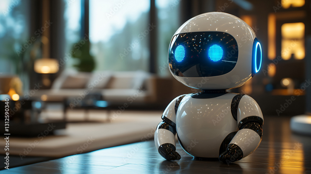 Aufkleber Friendly robot perched on table in clean modern ui space showcasing advanced ai technology and user interaction