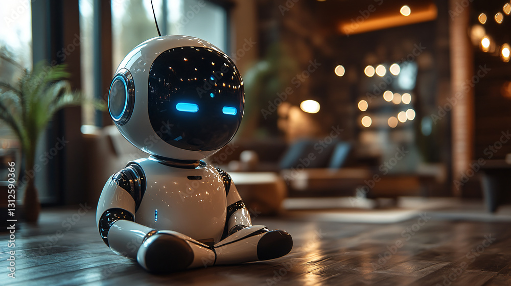 Poster Friendly ai chatbot sitting on a modern table with a clean user interface and a futuristic design aesthetic