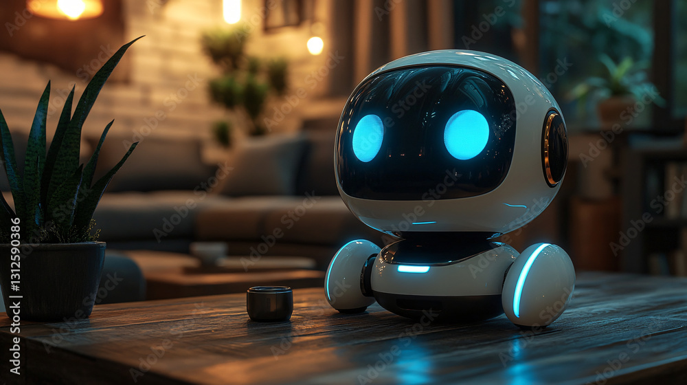Poster Friendly ai chatbot sitting on a modern table with a clean user interface and a futuristic design aesthetic