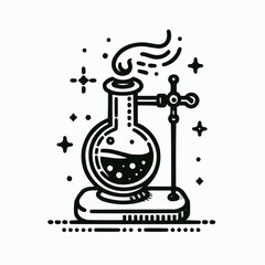 Hand-drawn illustration of a bubbling potion flask with smoke and stars