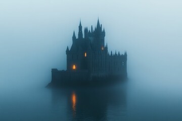 Enigmatic castle shrouded in morning mist.