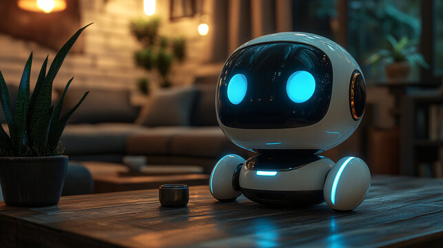 Friendly ai chatbot sitting on a modern table with a clean user interface and a futuristic design aesthetic