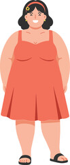 Confident woman in a red dress with sandals, standing proudly against a minimalist background, showcasing a flat design style in vector illustration