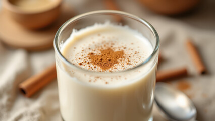 Obraz premium A steaming cup of hot milk with cinnamon sprinkled on top.