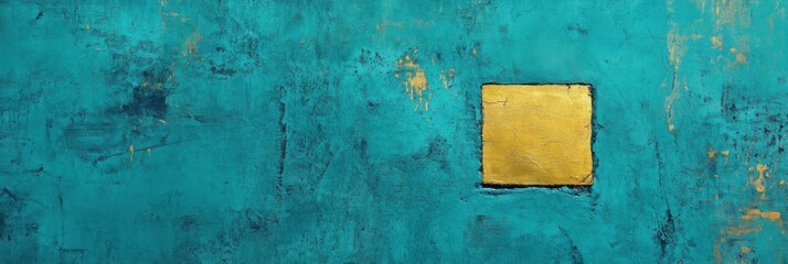 Abstract background with a golden square on a turquoise blue textured surface, a banner design