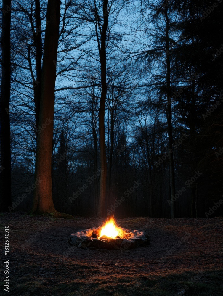 Poster Solitary campfire flickering in forest clearing at night surrounded by dark trees with space for text Generative AI