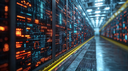 High-tech server room filled with rows of servers demonstrating the backbone of global procurement logistics systems
