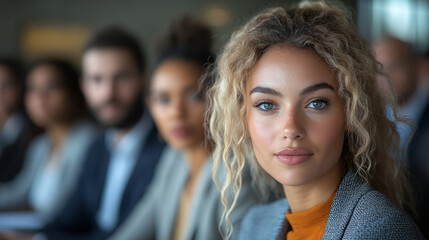Fototapeta premium Woman with serious expression participating in a boring meeting highlighting professionalism and workplace challenges
