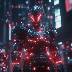 Futuristic warrior stands city night glowing red