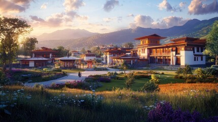 Fototapeta premium Bhutanese monastery complex at sunrise, tranquil gardens, scenic mountains