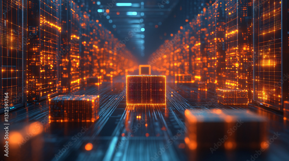 Poster high-tech server room with multiple rows of servers supporting modern procurement workflow in a busi
