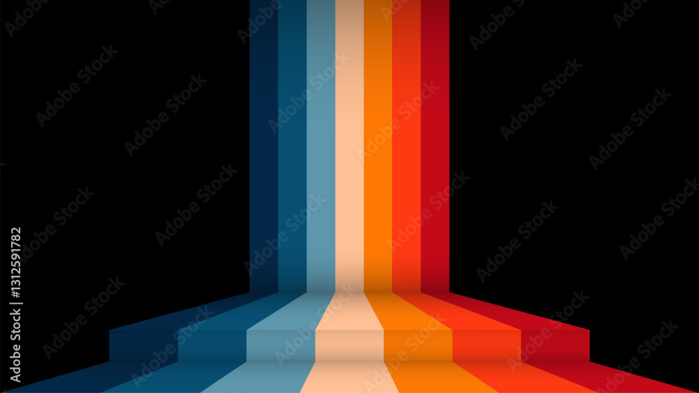 Aufkleber minimalistic vector illustration of colorful stripes in retro style. empty space at the bottom for text or product. podium stage template. banner or poster. black background