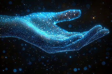 Abstract digital hand made of glowing nodes and lines on dark background