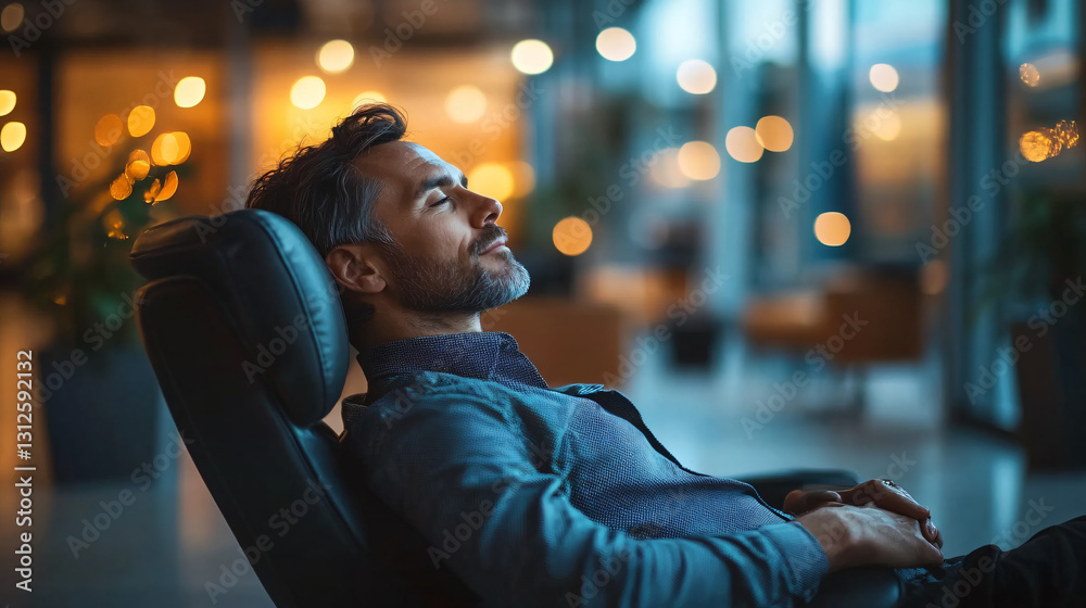 Poster Man relaxing in an office chair with a calm expression while enjoying a moment of peace amidst busy work environment