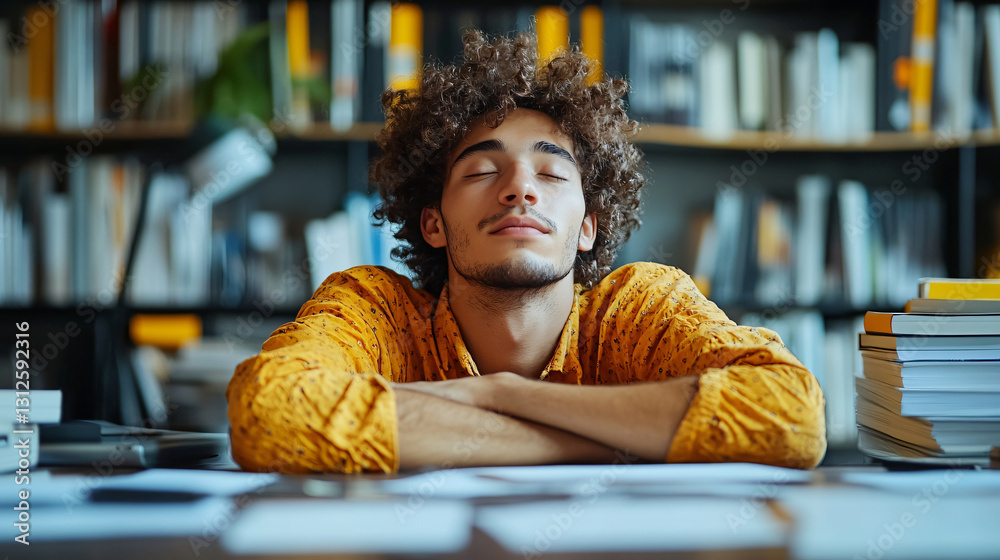Poster man with curly hair sitting at desk in front of bookcase while daydreaming amidst cluttered work env