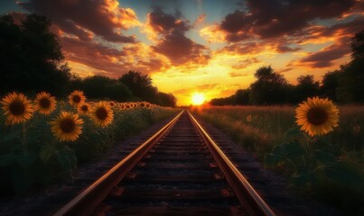 Fototapeta premium Sunflowers and Railroad Tracks