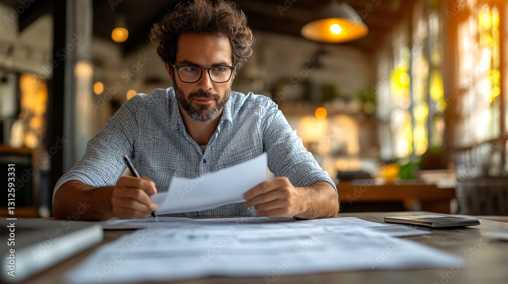 Poster Procurement professional sitting at a table with a laptop and papers while managing purchase orders and documentation