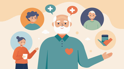 An elderly man sharing his personal experiences with mental health challenges inspiring and educating caregivers on the importance of mental health first aid for seniors.. Vector illustration