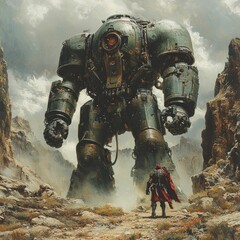 Giant robot looms, lone figure confronts, rocky landscape.