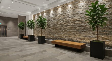 Indoor Lobby with Stone Wall, Plants, and Wooden Bench Seating